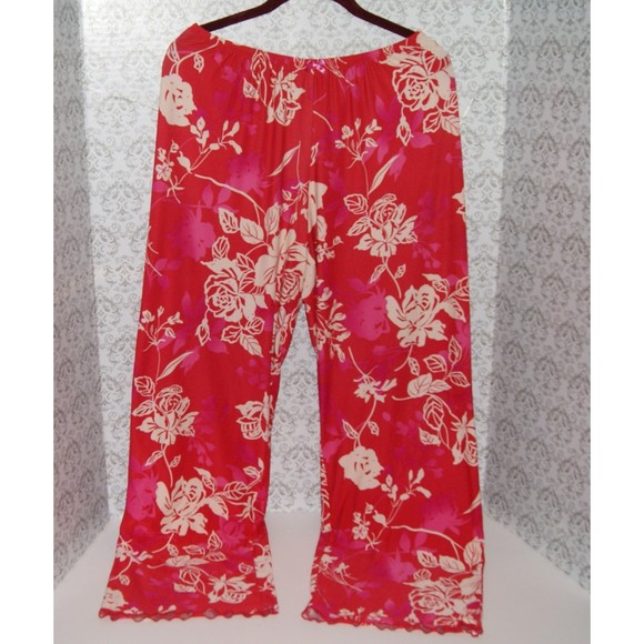 Medium Ambrielle Red Rose Covered Silky Pants Loungewear Lettuce Hem Comfy - Picture 2 of 9